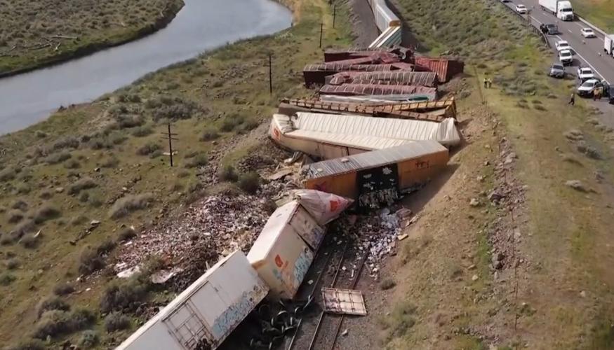 Drone still of cargo train derailment east of Sparks