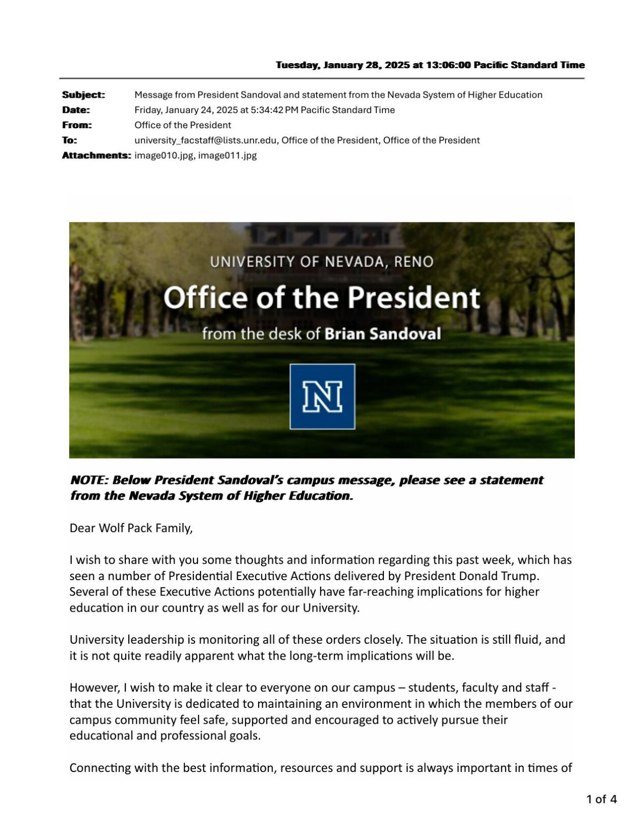 UNR Pres. Sandoval statement