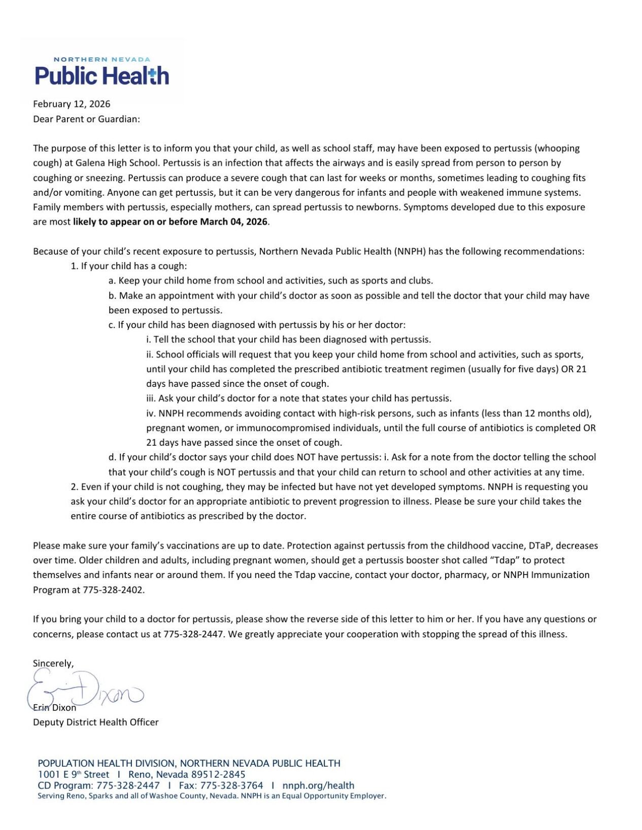 Galena Pertussis Letter