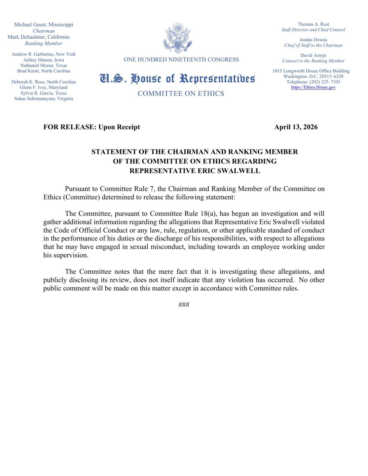 House Ethics statement