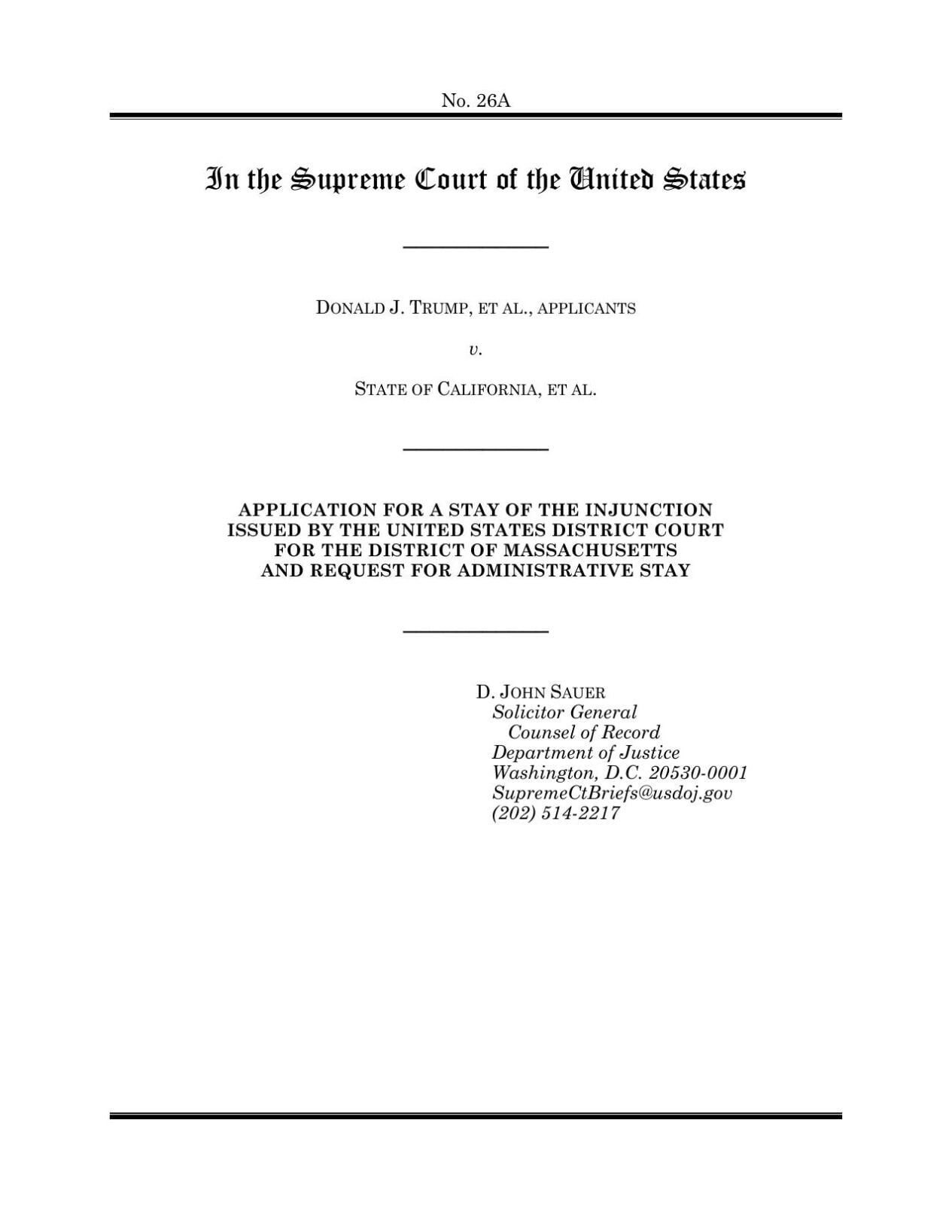 Trump Admin emergency filing