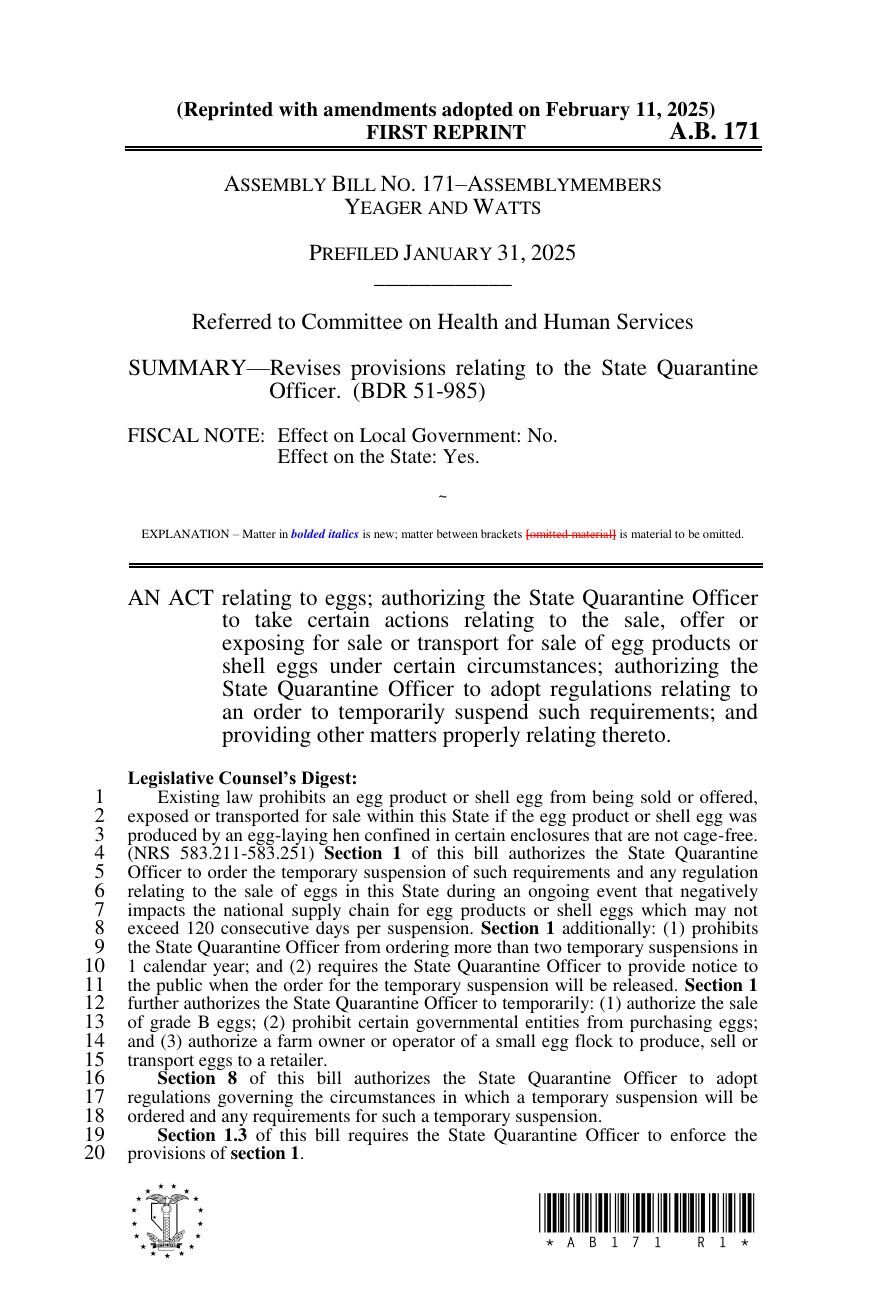 AB 171 egg price bill