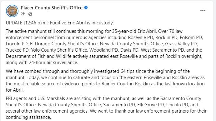 Eric Abril Escape Latest: Search underway around Roseville