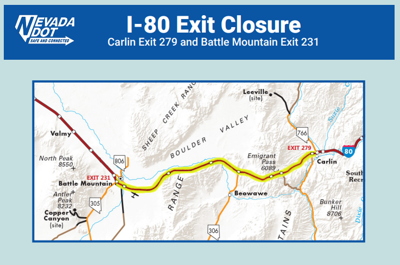 Interstate 80 Closed from Battle Mountain to Carlin June 18 and 19