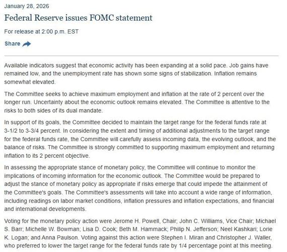 Federal Reserve statement, Jan. 28, 2026