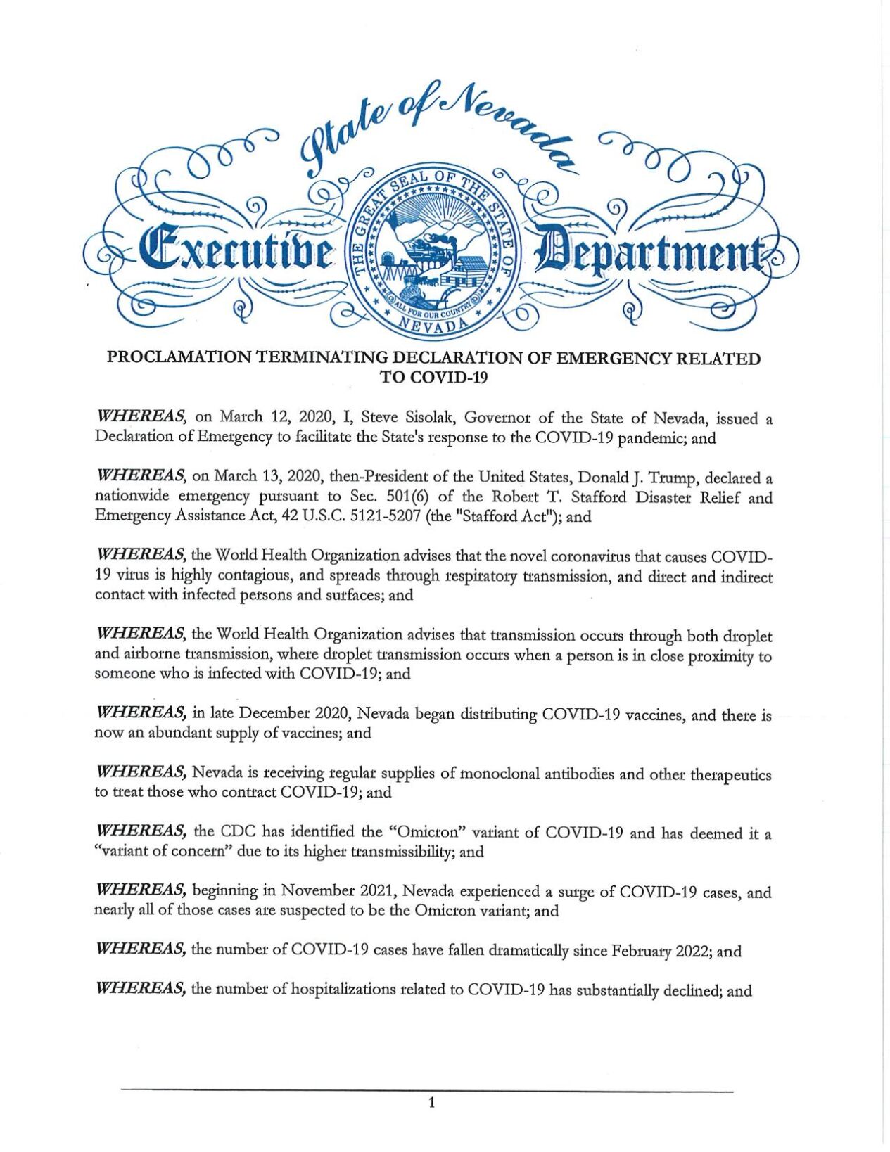 Governor Sisolak officially ends COVID-19 State of Emergency in Nevada