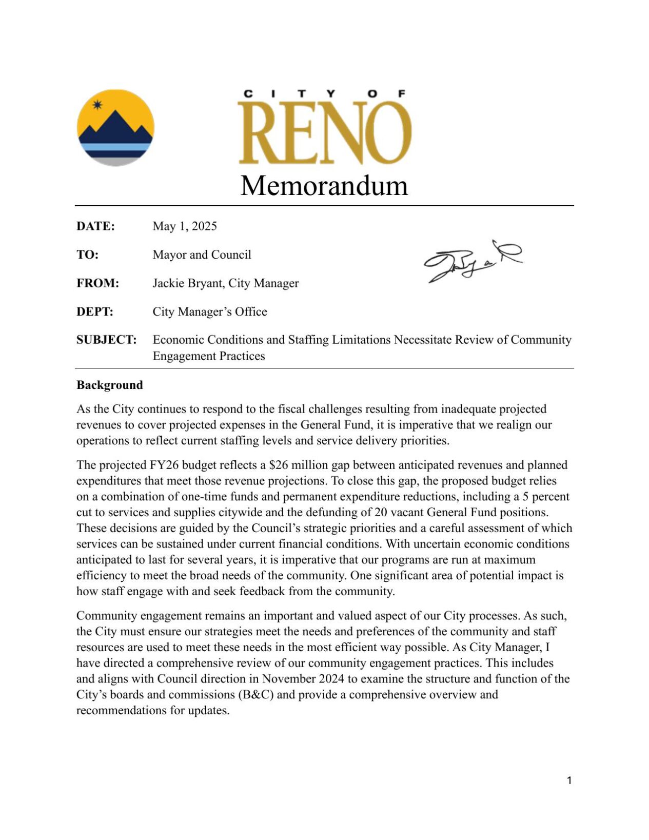 City of Reno Staffing Hiatus Memorandum