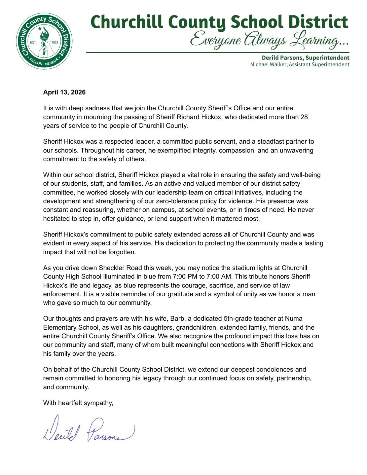 Churchill County School District sheriff statement