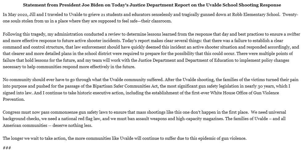 President Biden Statement on Uvalde Shooting Report Release