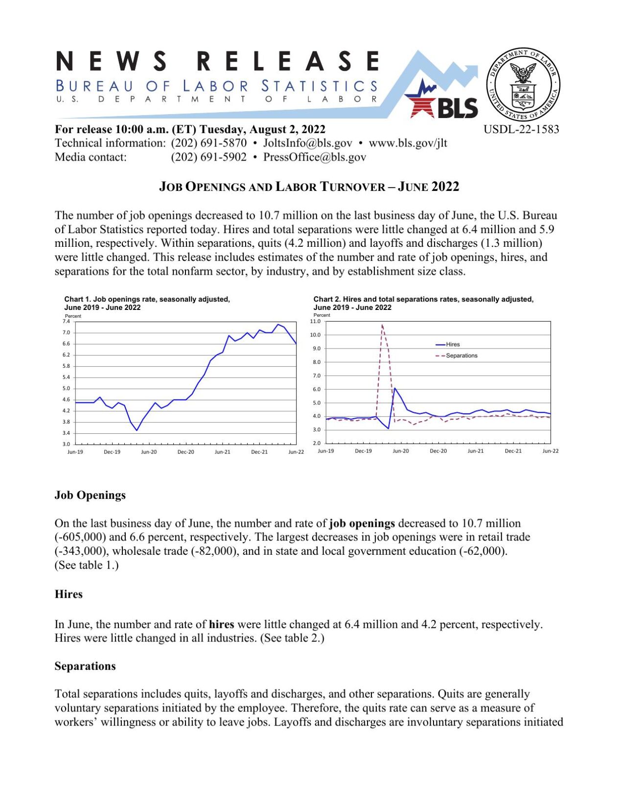 JOLTS report, August 2022