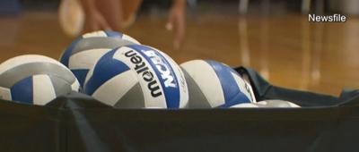 Volleyballs in a bin