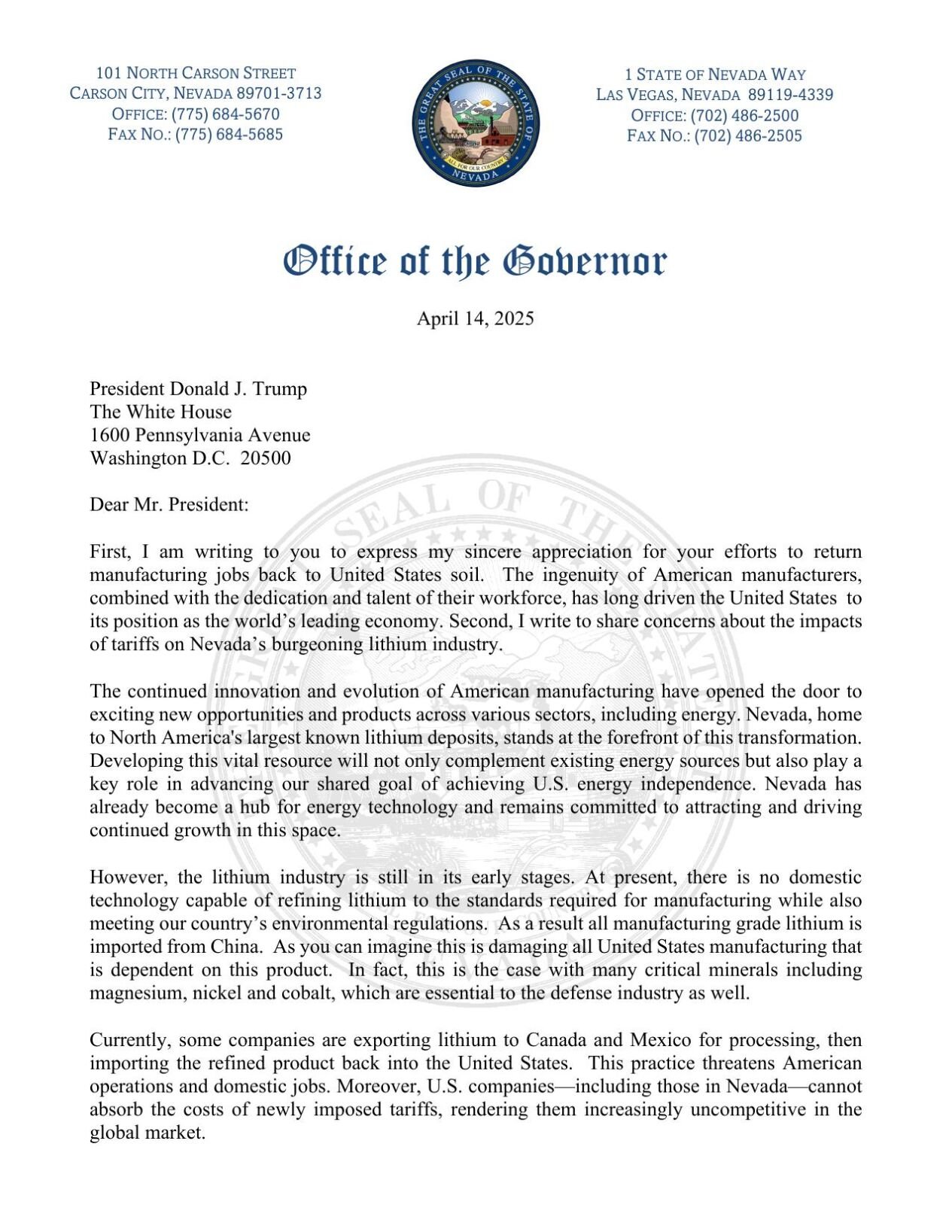 Letter to President Trump from Nevada Governor Lombardo