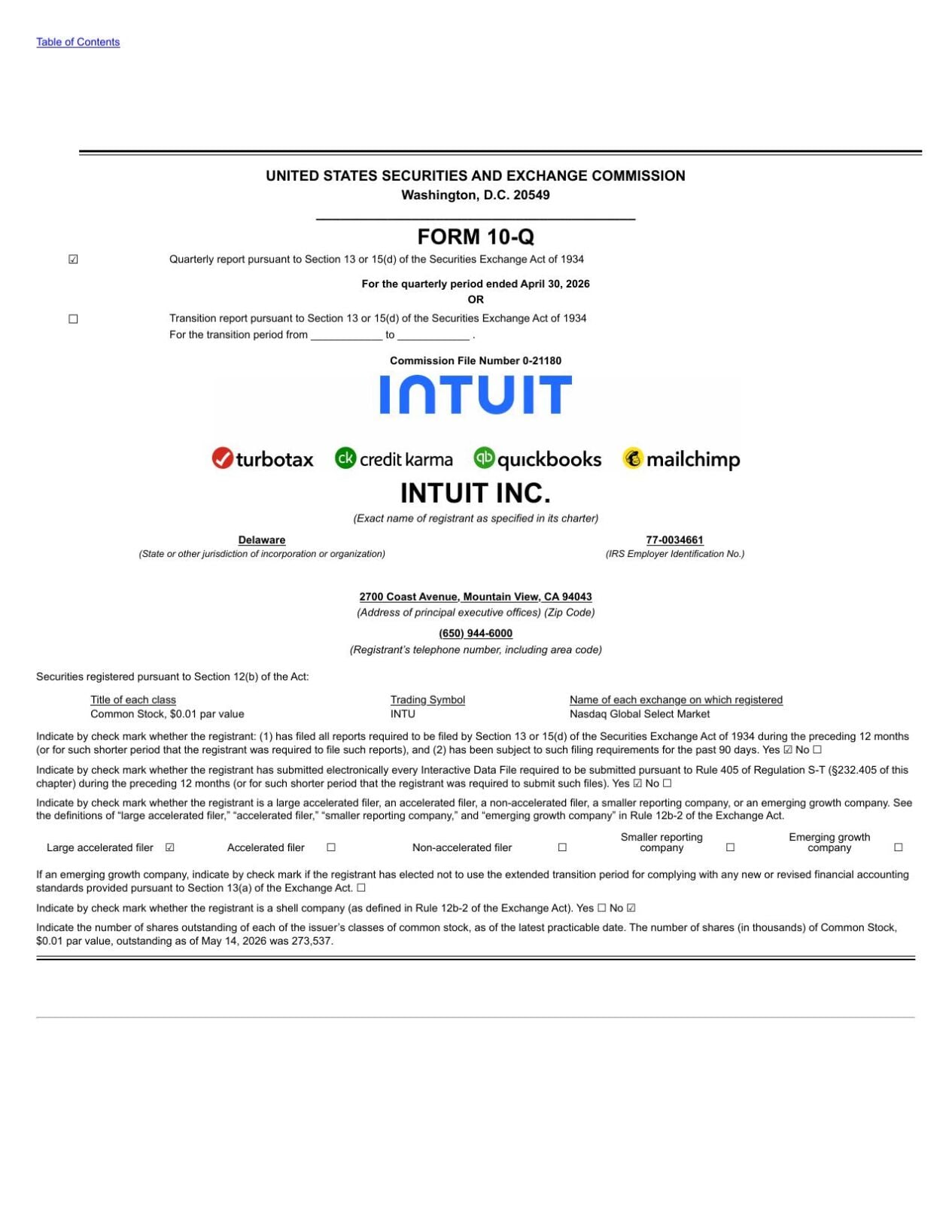 Intuit 10Q sheet
