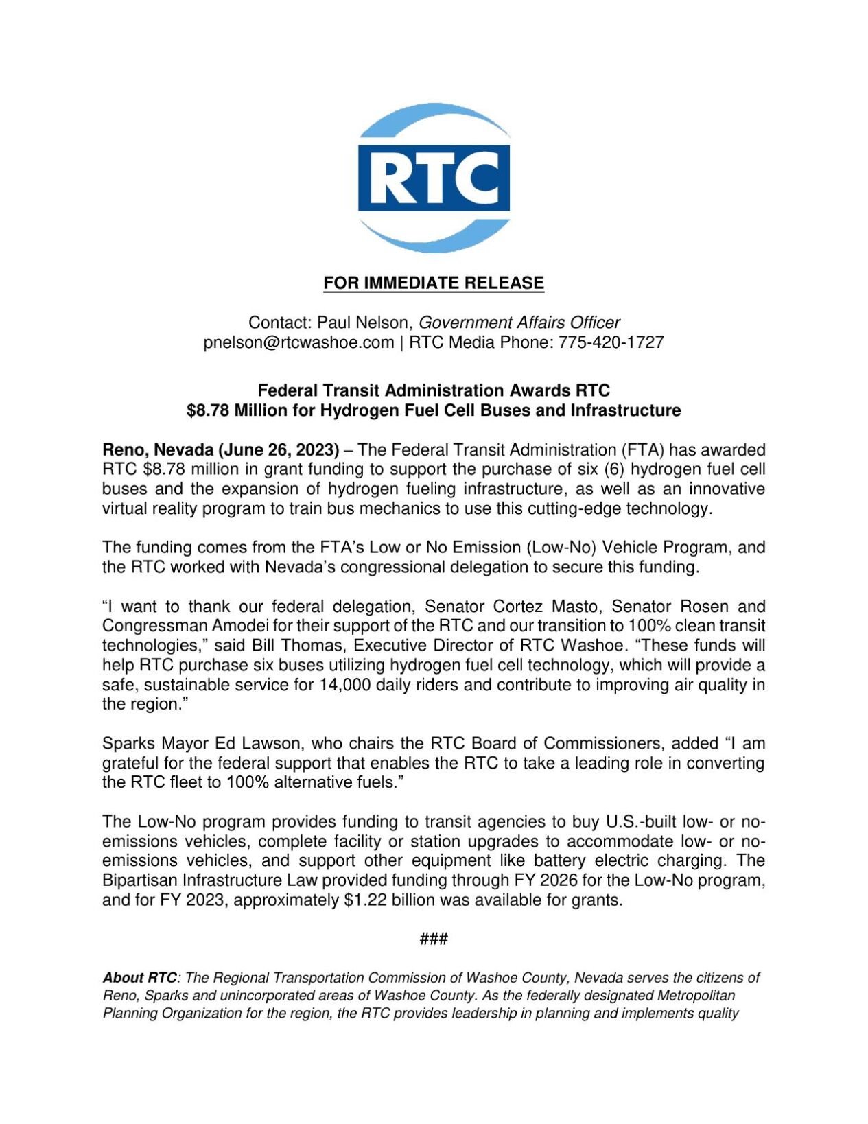 June press release: Federal Transportation Agency awards RTC