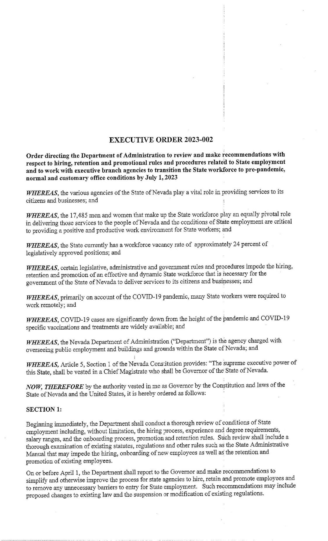 Lombardo Executive Order 2 Regarding State Hiring