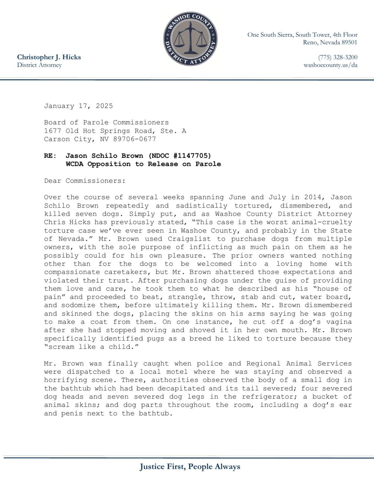 Washoe County DA Letter Requesting Parole Denial for Jason Brown