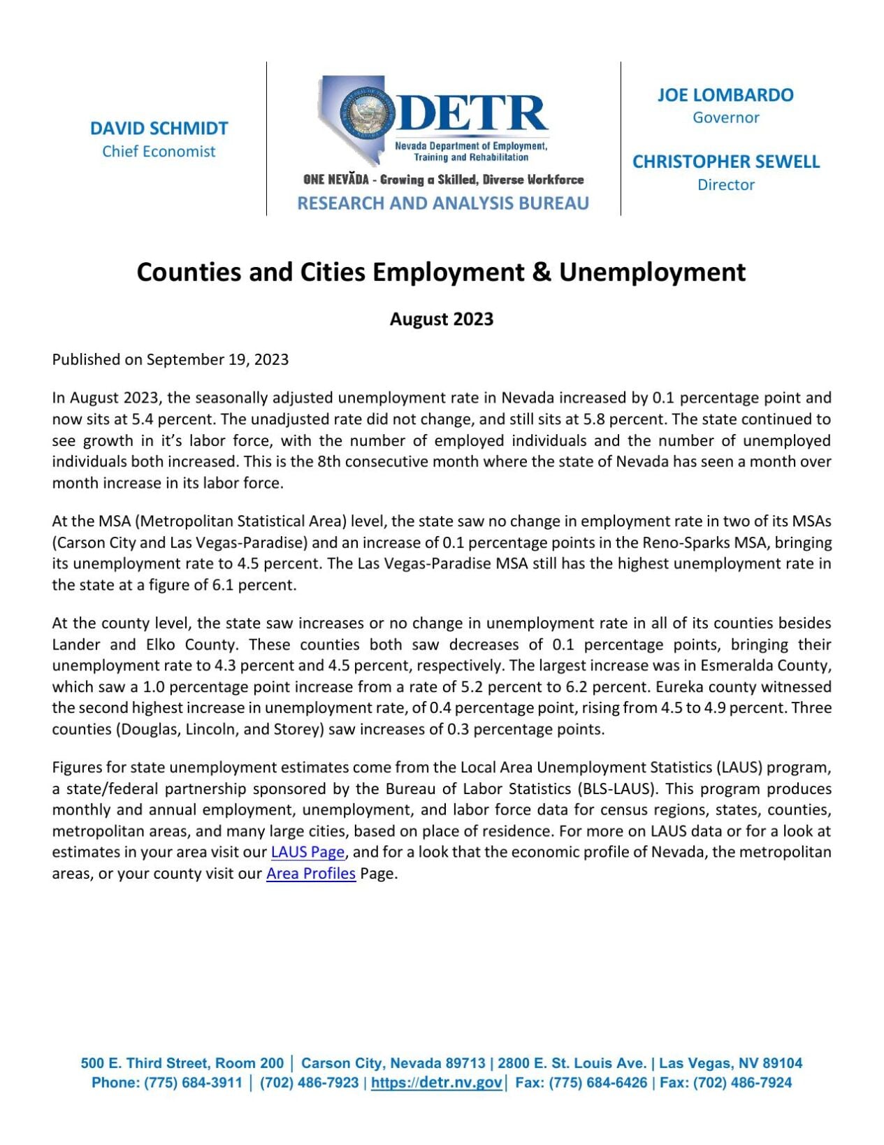 Nevada August Unemployment Report