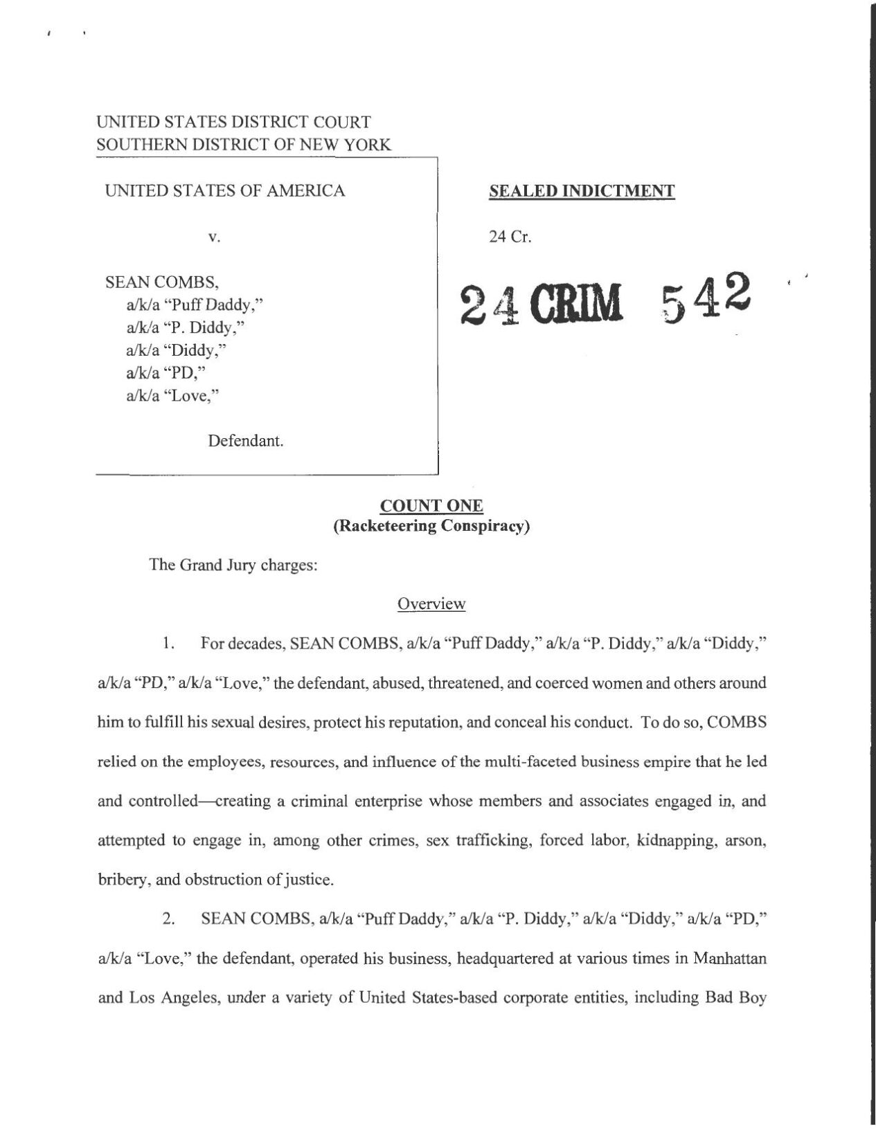 Sean Combs federal indictment