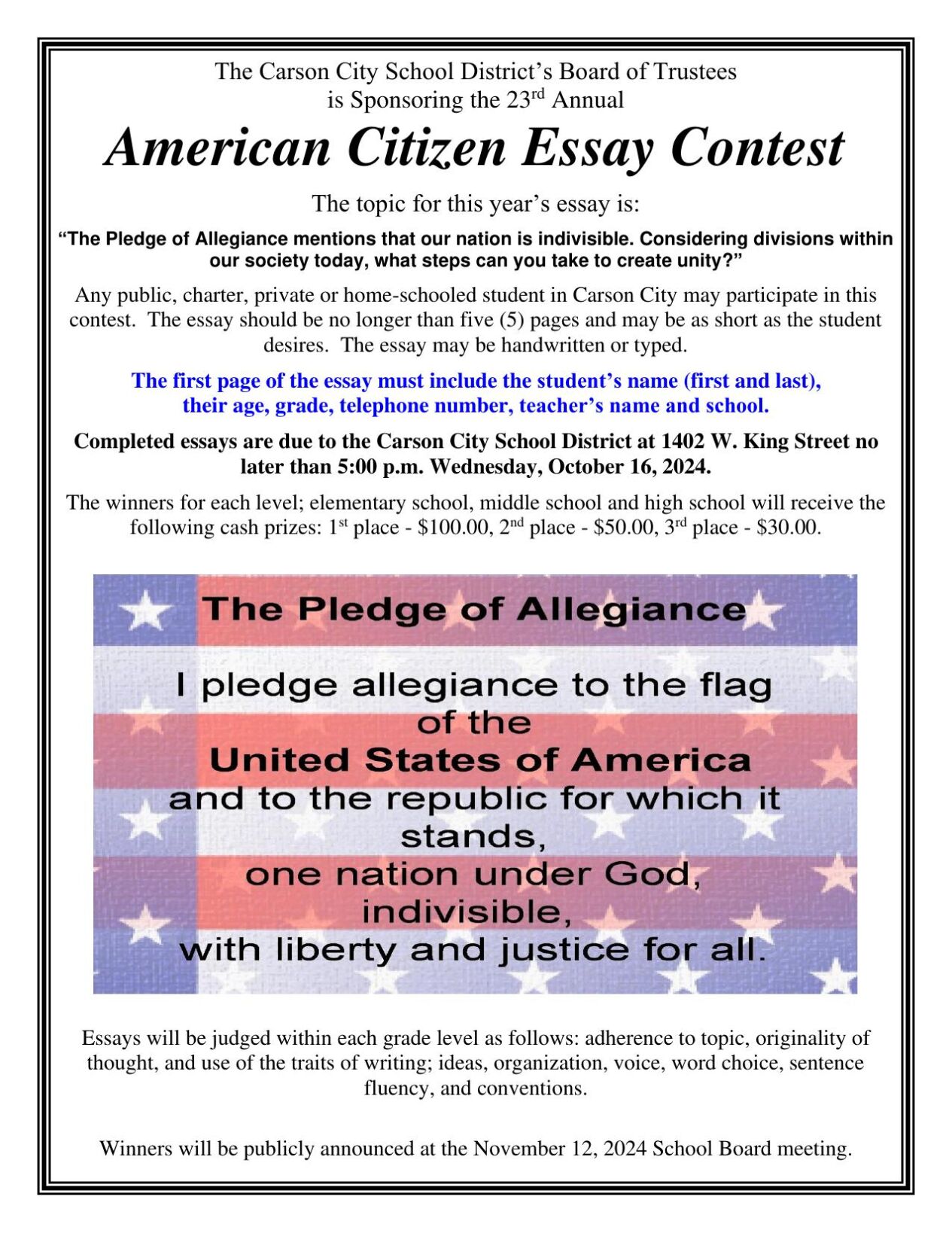 Carson City American Citizen Essay Flyer 2024