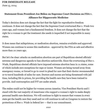 President Joe Biden statement