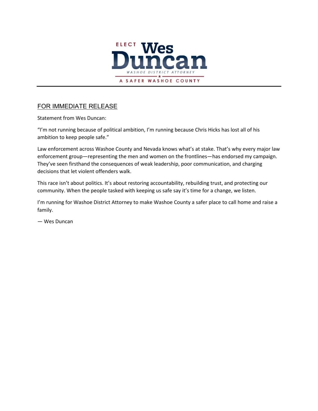 Wes Duncan Media Release Response