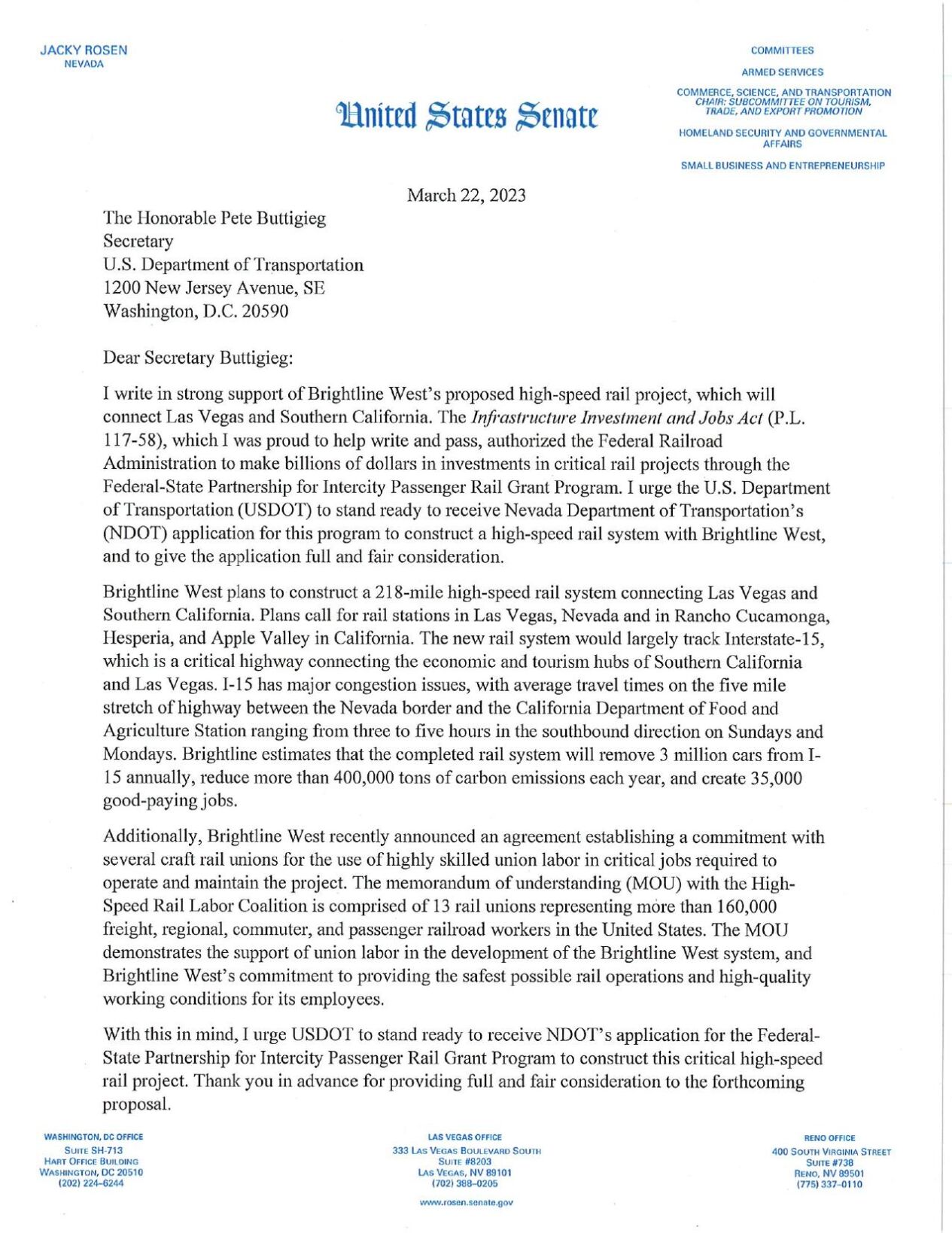 Sen. Rosen advises Dept. of Transportation of Nevada application for high-speed rail system