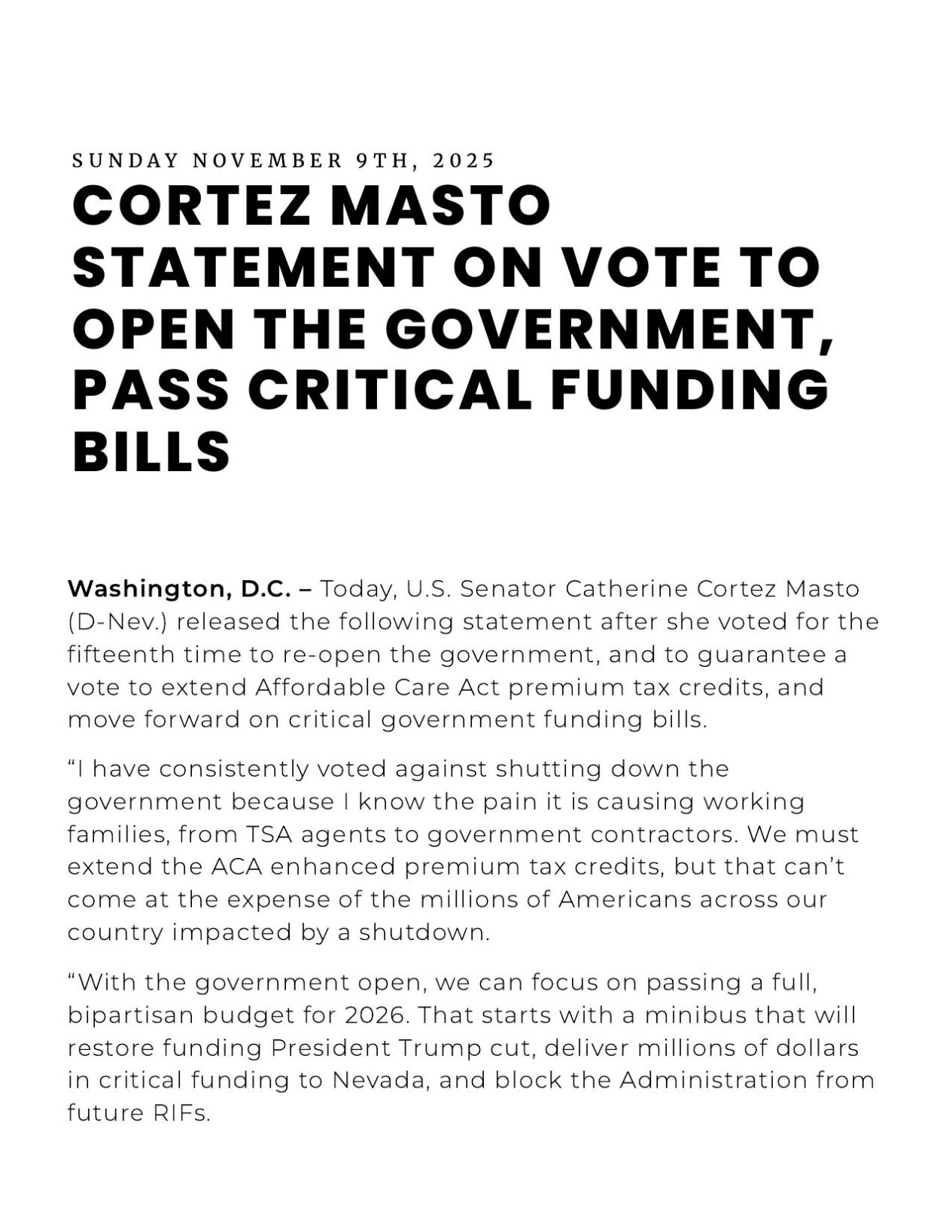 Cortez Masto Statement on Vote to Open the Government
