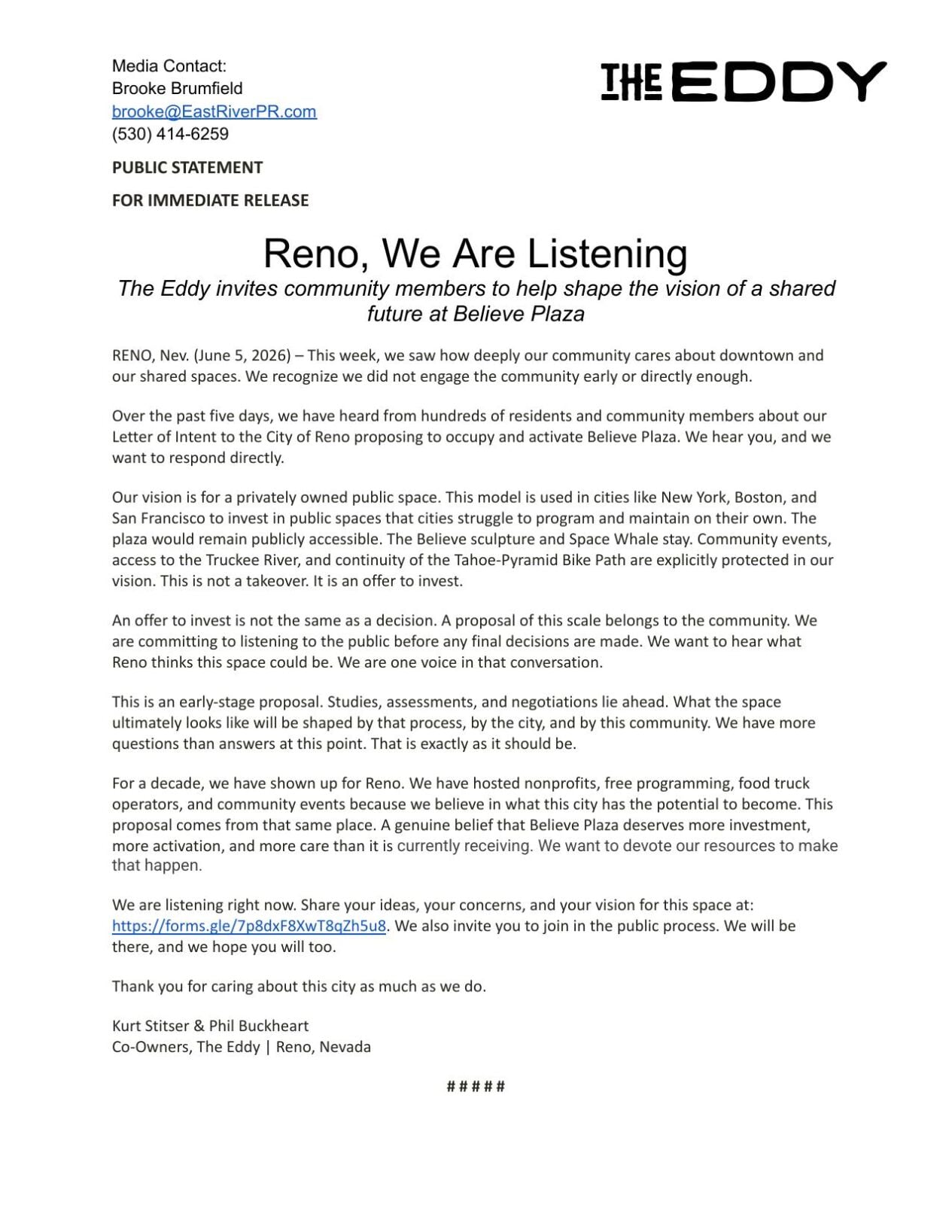 Statement from the owners of The Eddy
