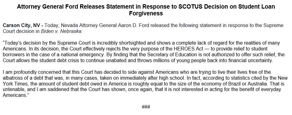 Nevada AG Aaron D. Ford statement