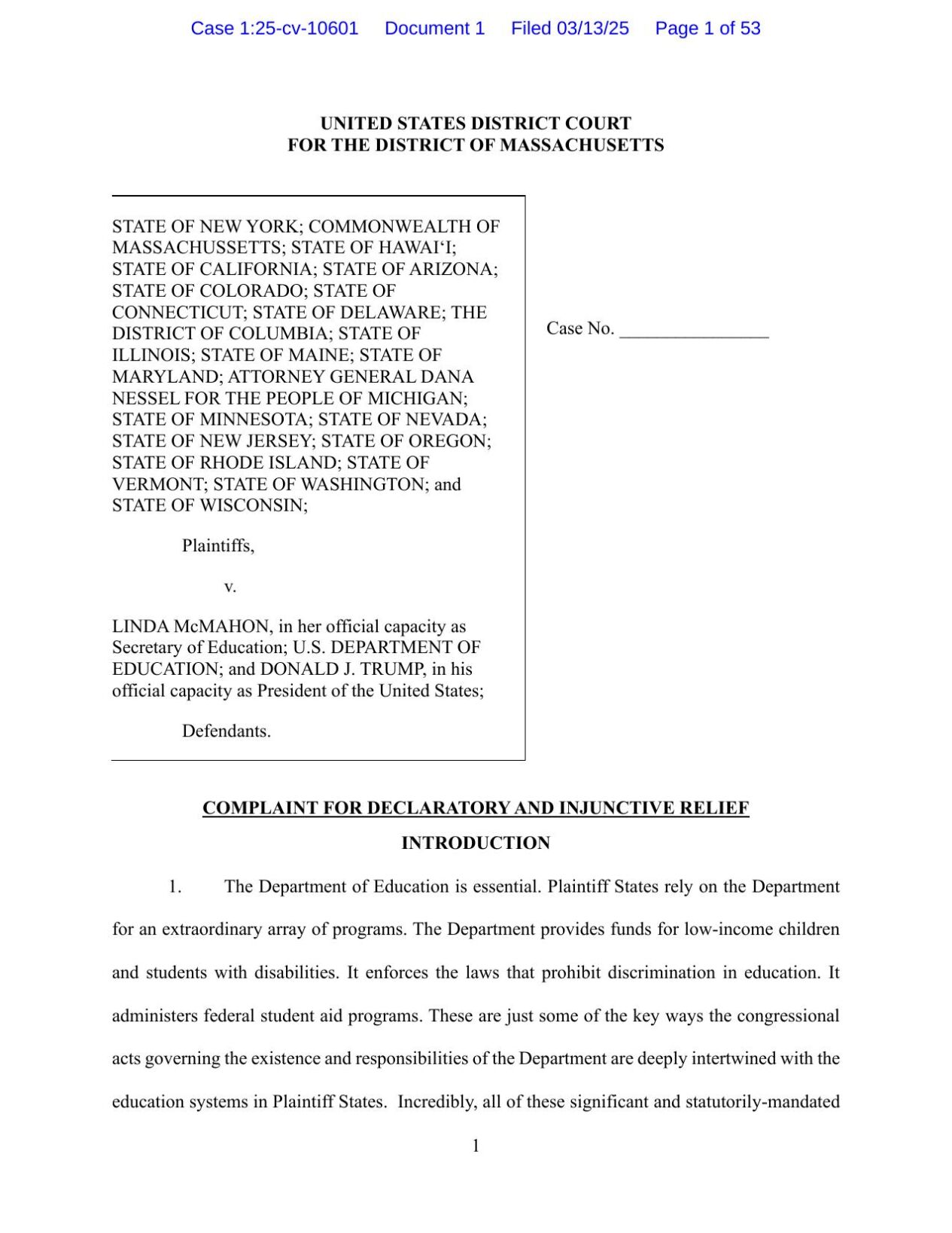 Multi-state lawsuit file against Trump Admin