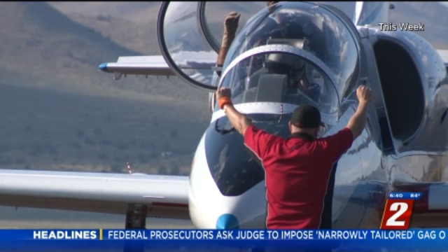 Active duty military aircraft lands after give aerial demonstration at The Reno Air Races
