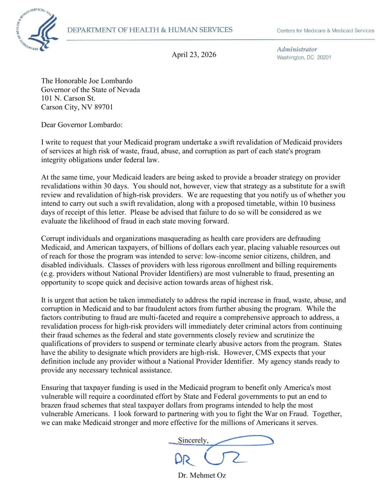 Dr. Mehmet Oz letter to Governor Lombardo