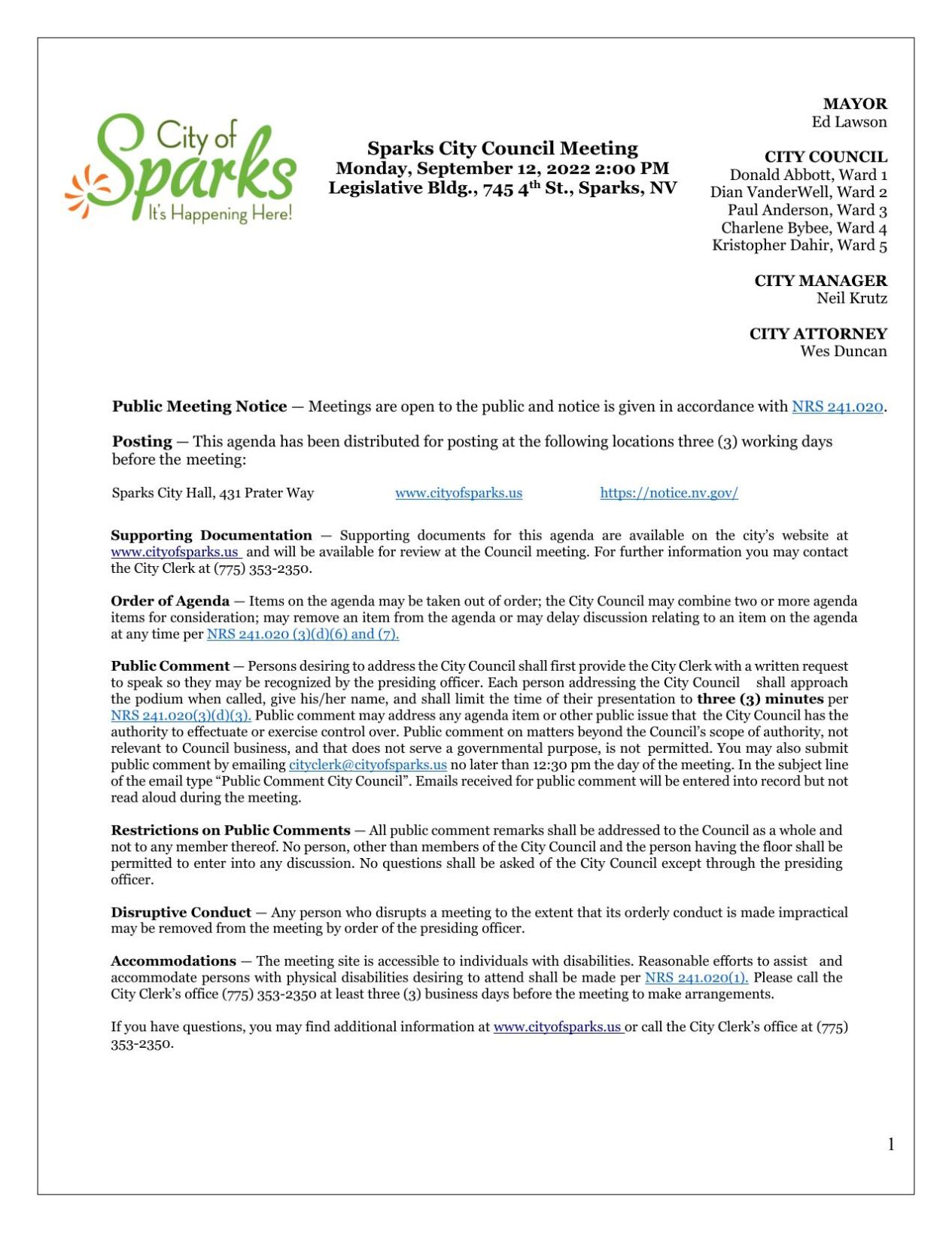 Sparks City Council Meeting, Sept. 12