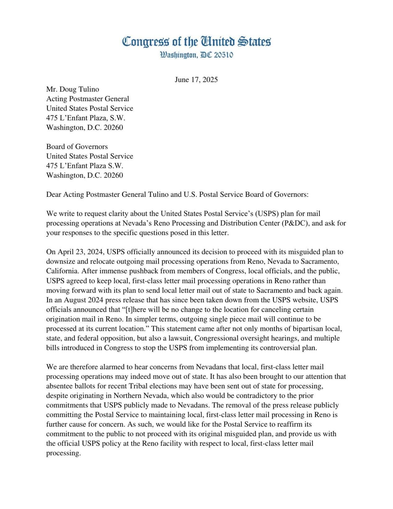 Senators letter to post master general