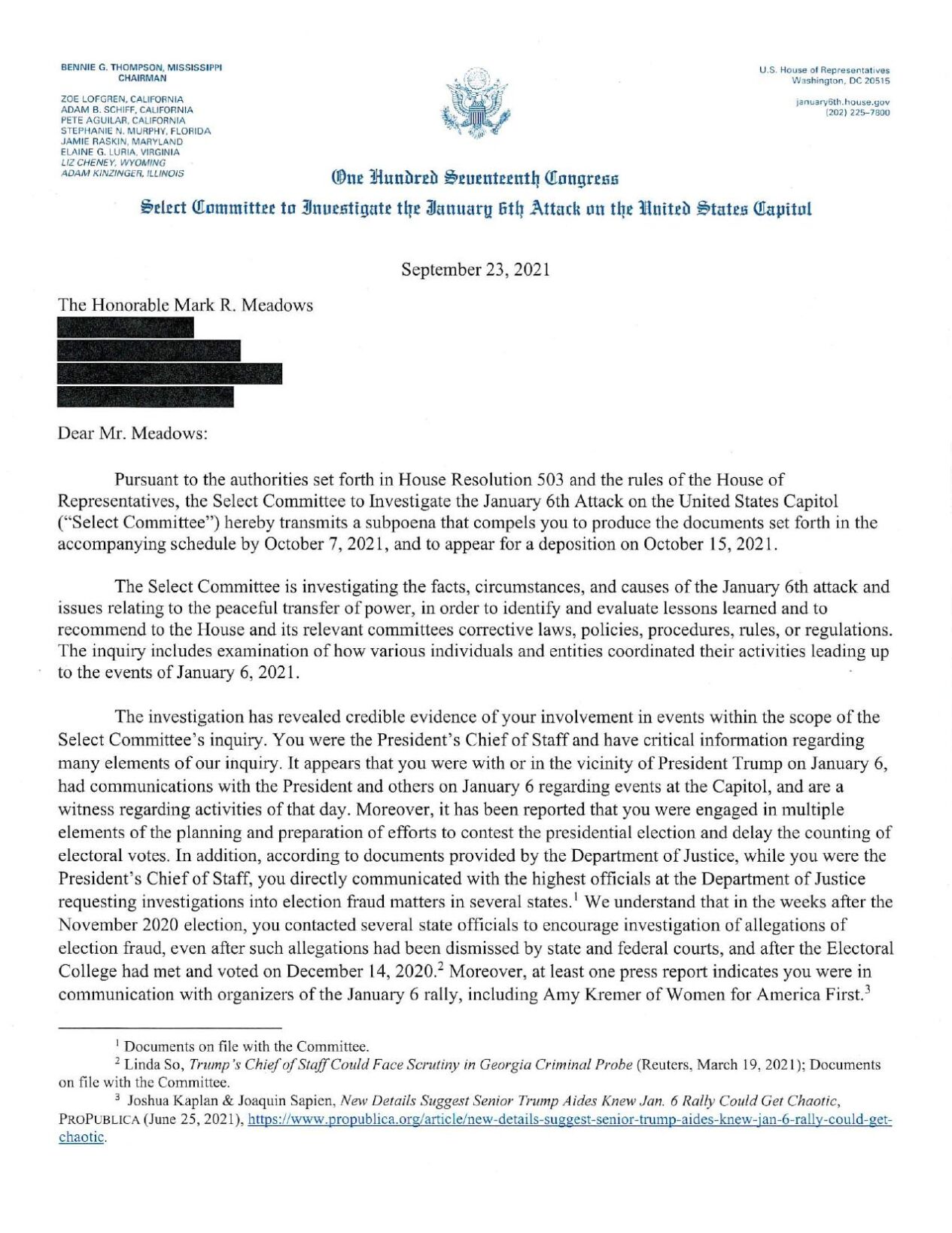Mark Meadows Jan. 6 Letter