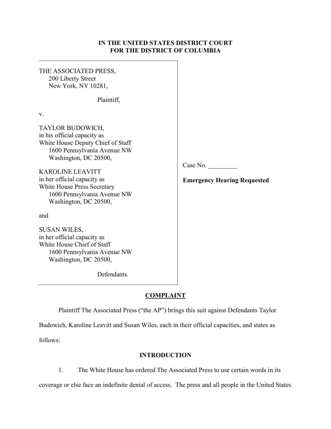 AP White House emergency hearing