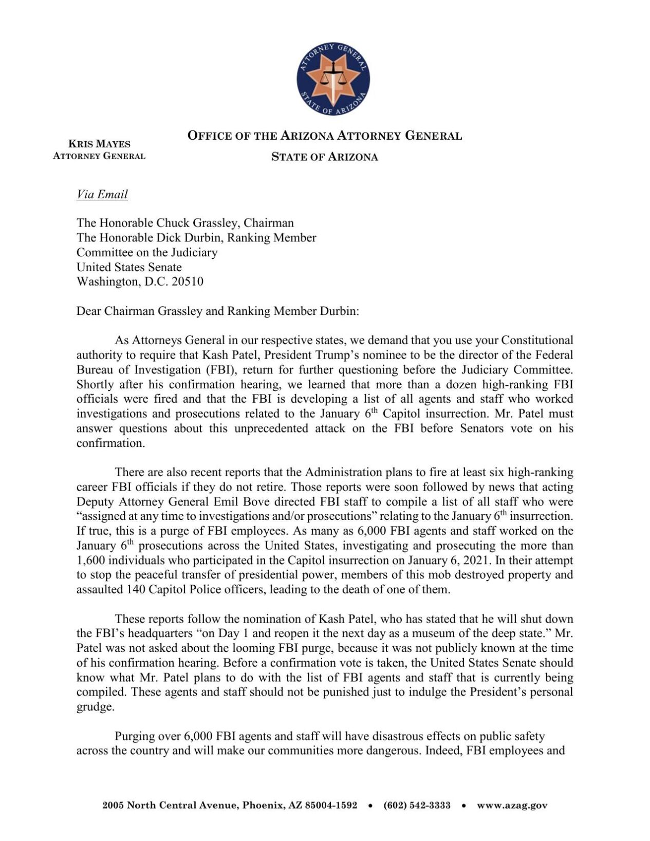 Letter to Senator Chuck Grassley