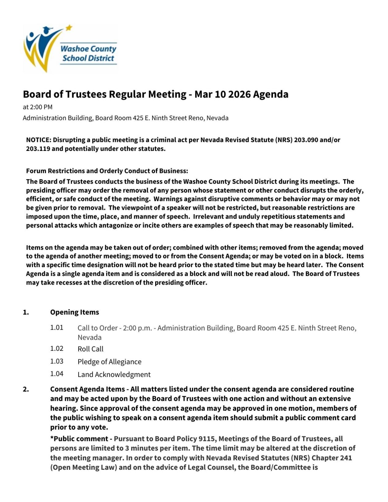 WCSD Board of Trustees March 10 agenda