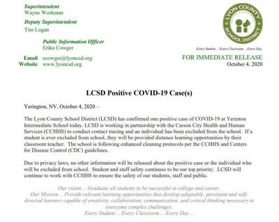 One Case of Covid-19 Confirmed at Yerington Intermediate School