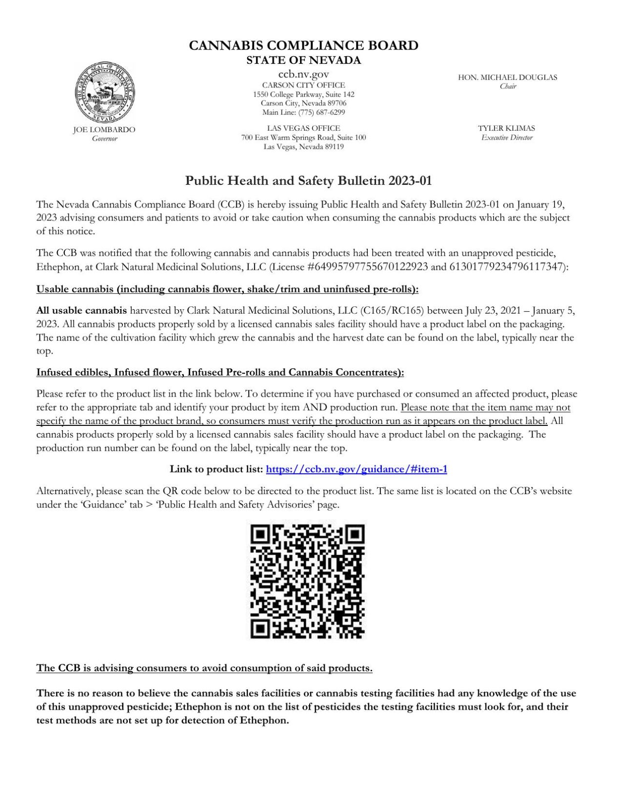 Nevada Cannabis Compliance Board bulletin