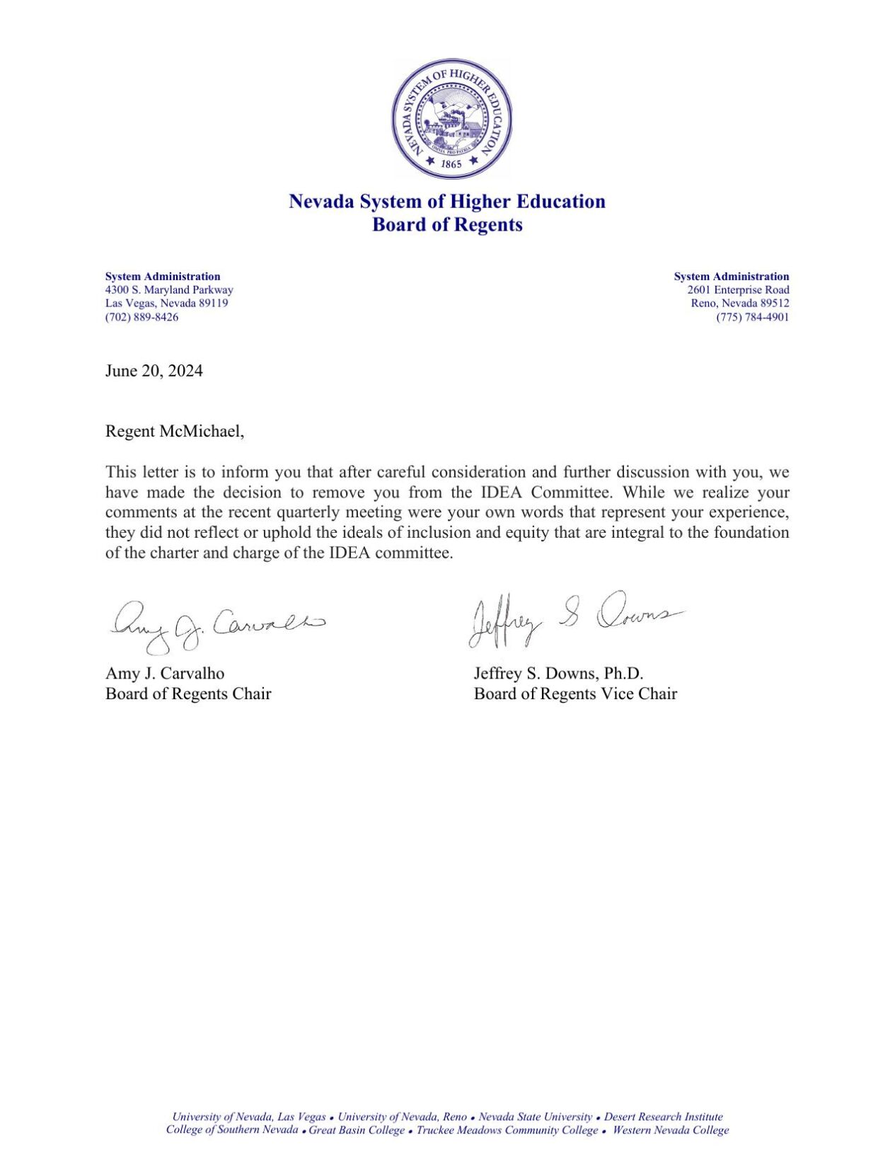 Letter to Regent McMichael