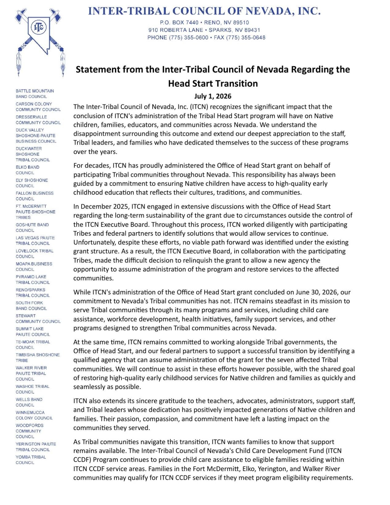 ITCN President Serrell Smokey's Official Statement
