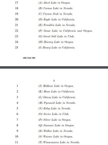 List of lakes mentioned in bill