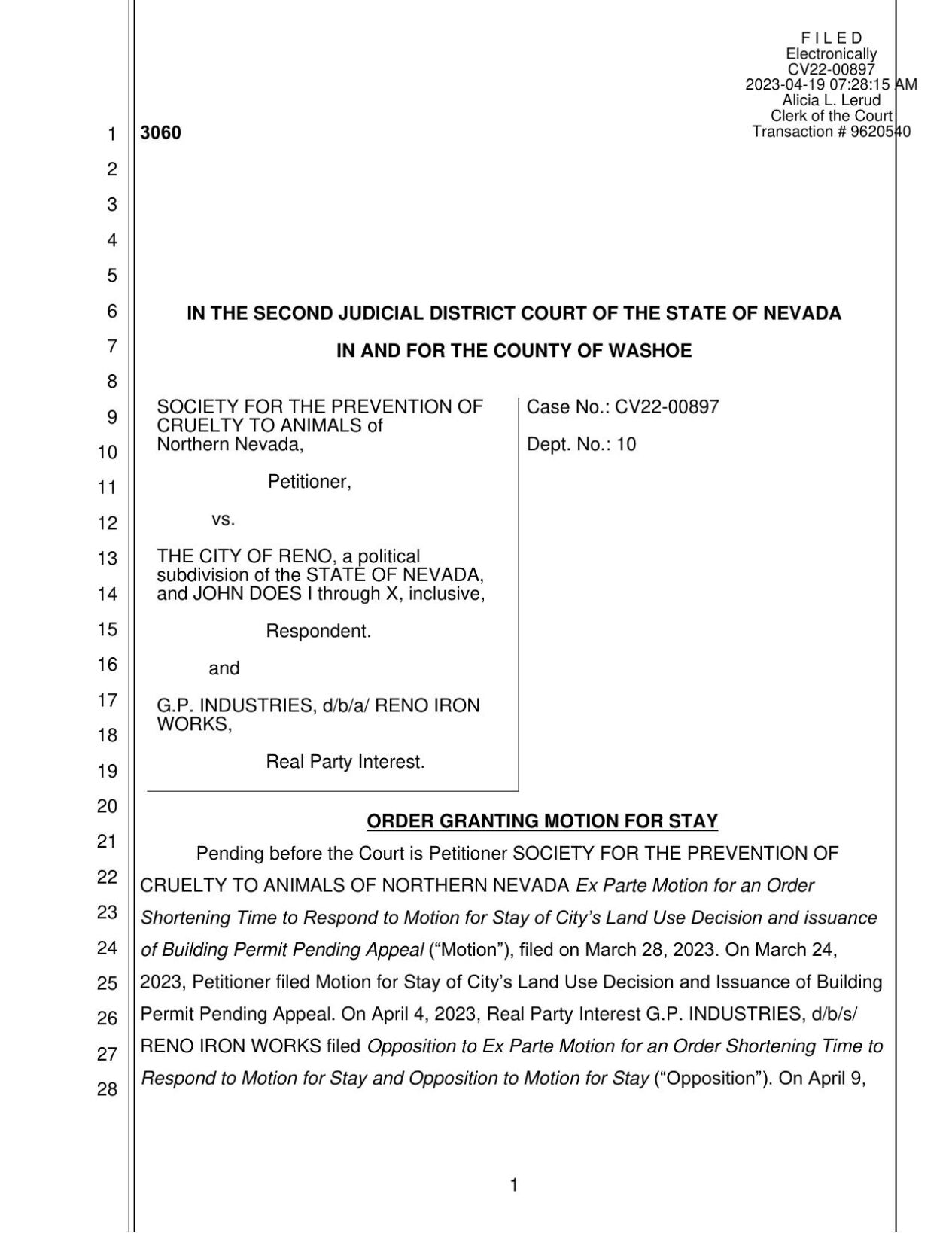 Motion for stay SPCA and Iron Works case