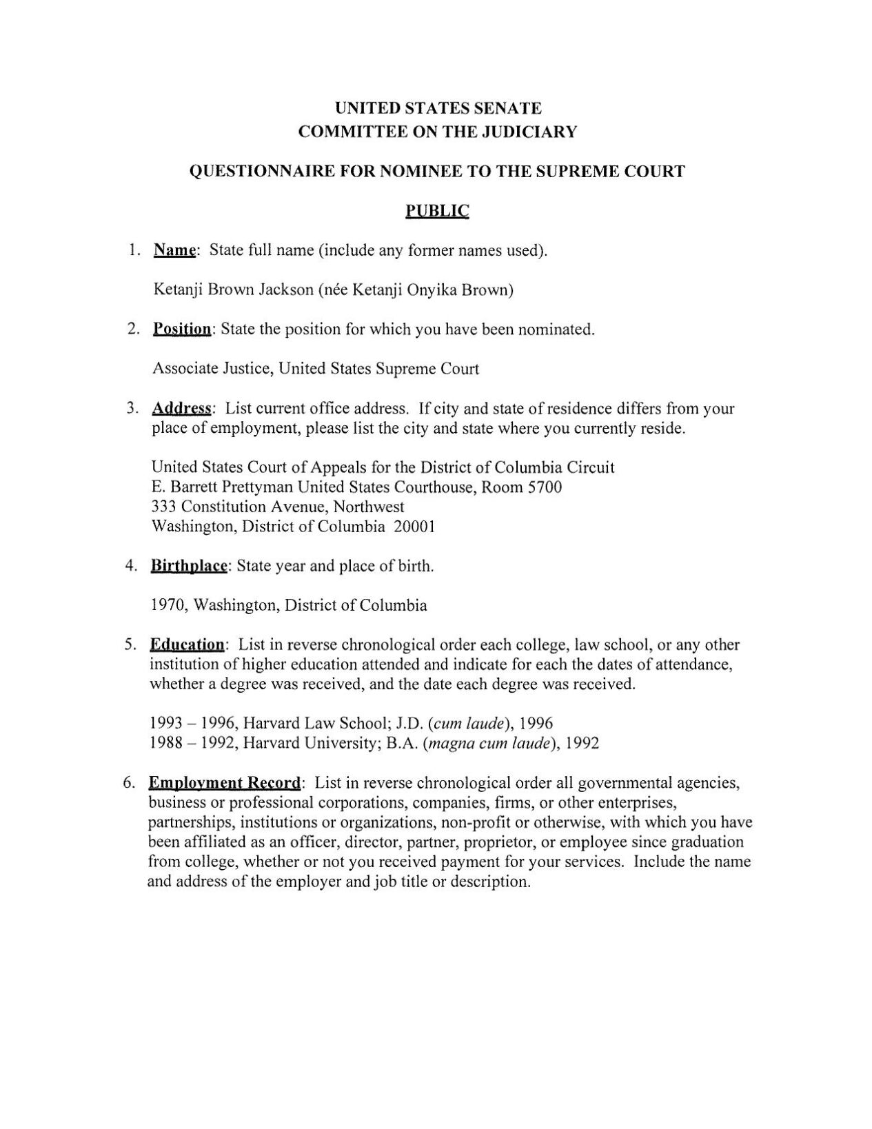 Senate Questionnaire