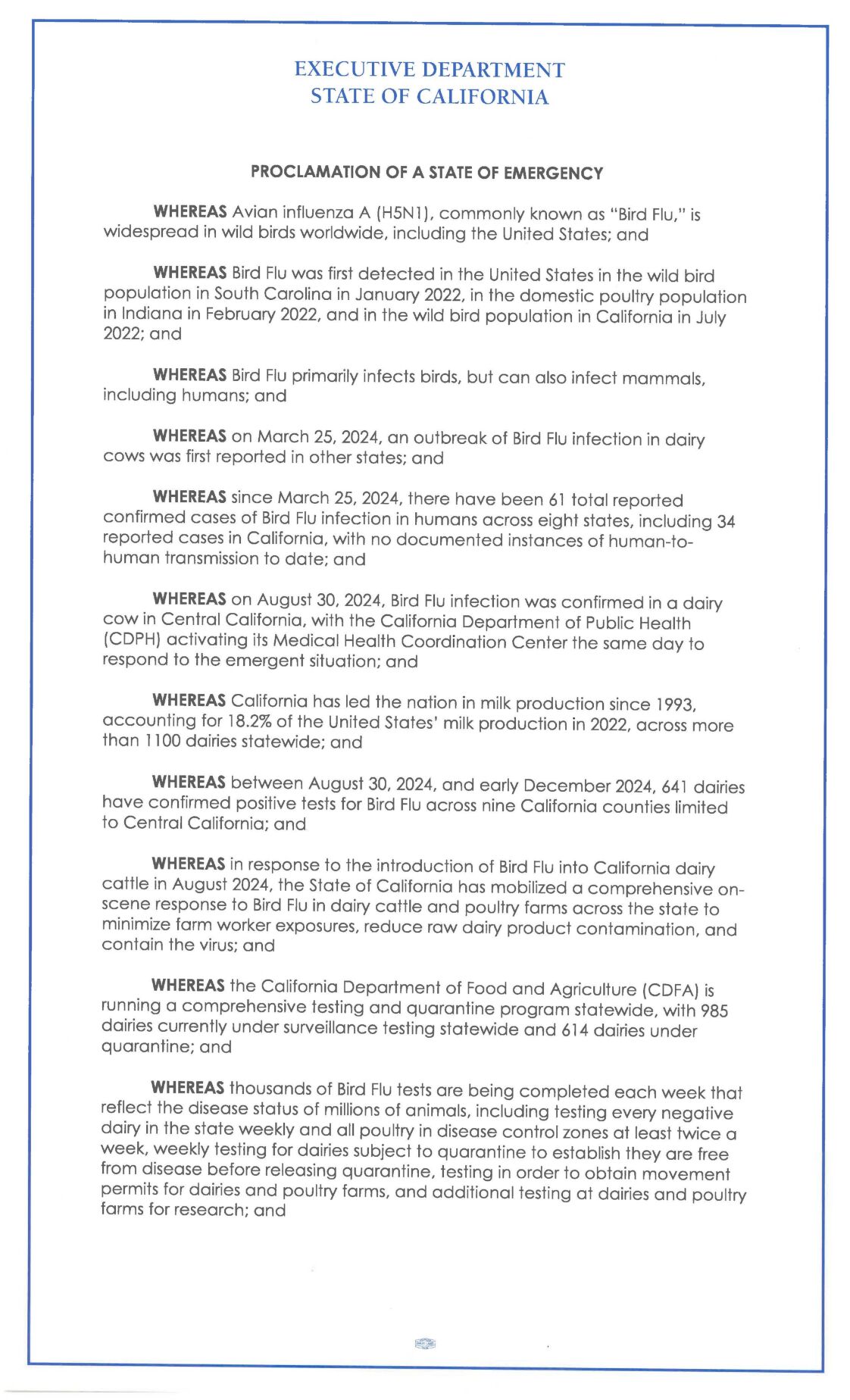 California Governor Newsom declares State of Emergency over bird flu ...