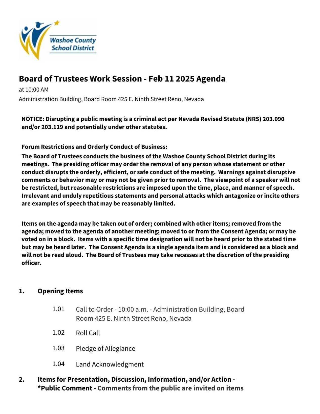 WCSD Work Session agenda, Feb. 11