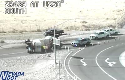 overturned semi at US50 @ SR439 roundabout