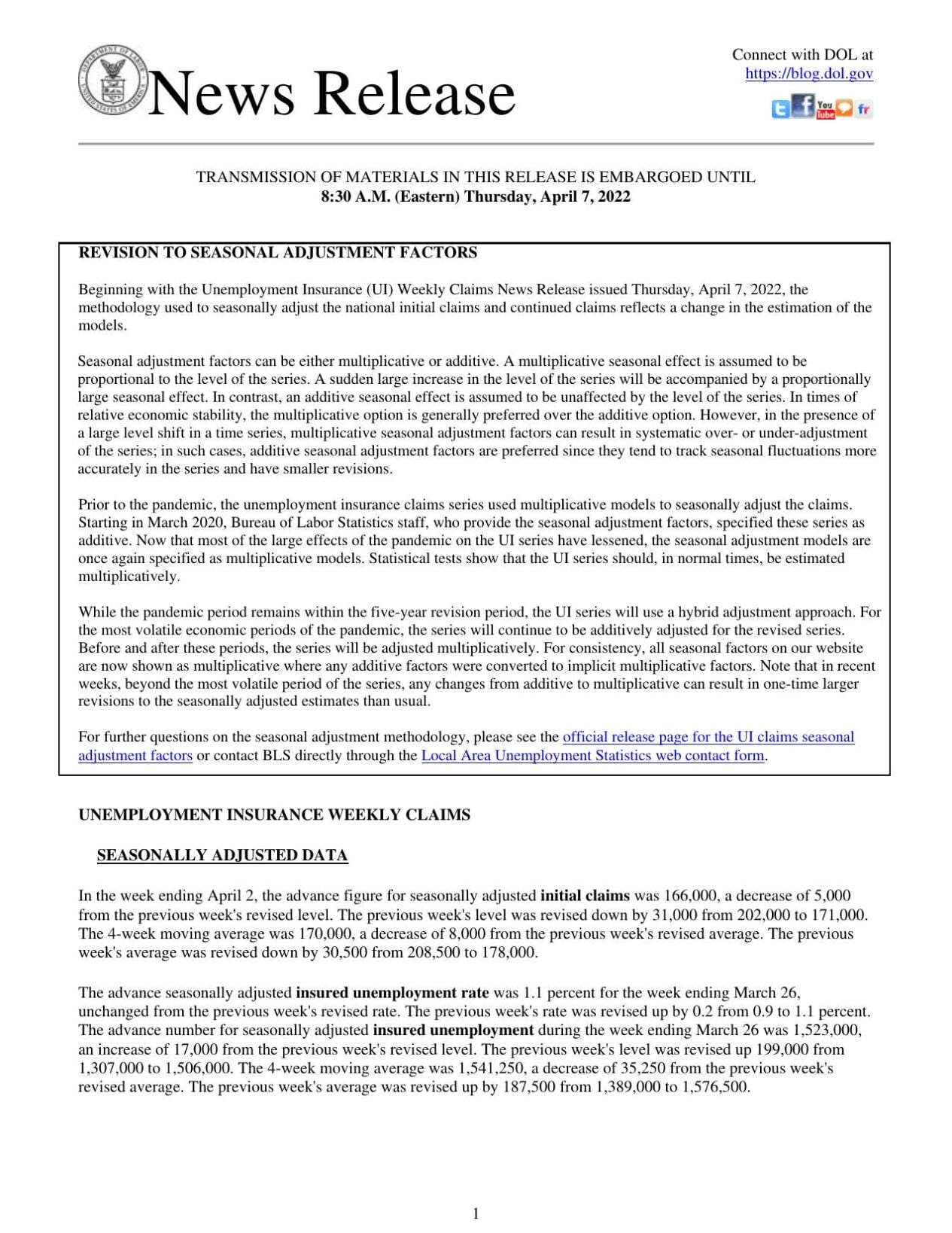 Jobless Claims, April 7, 2022
