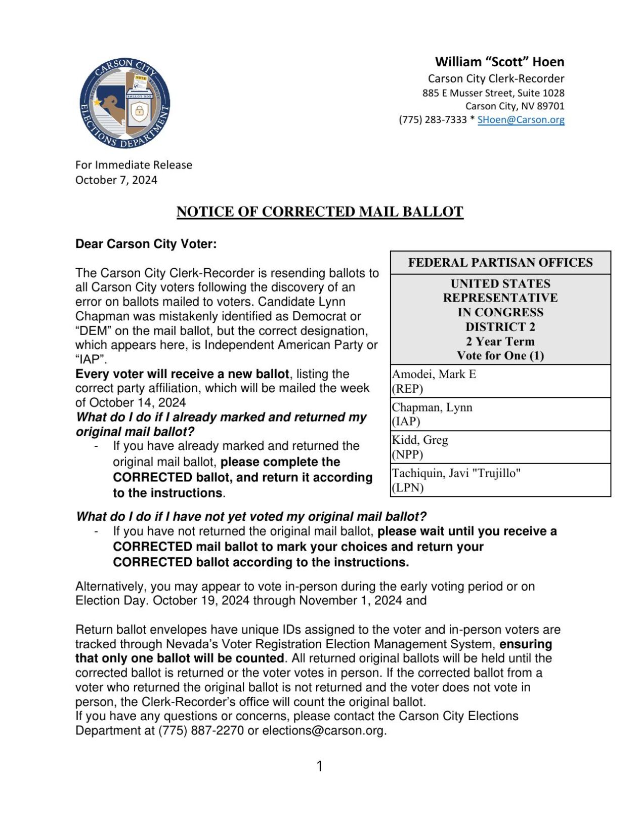 Carson City Elections Department